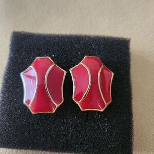 Vintage Monet Clip On Red Enamel Gold Tone Trim Earrings